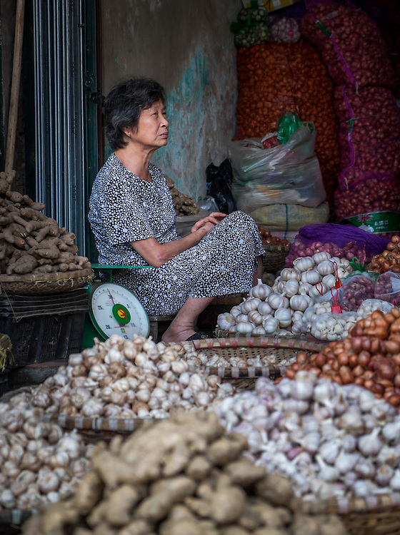 HANOI, VIETNAM - CIRCA SEPTEMBER 2014: Portrait of Vietnamese woman selling vegetables in the streets of Hanoi, Vietnam.