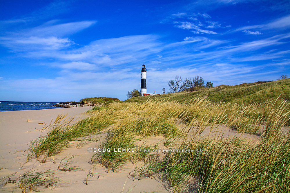 A Sandy Beach And Beach Grass At The Big Sable Point Lighthouse On Lake Michigan, Michigan's Lower Peninsula, USA