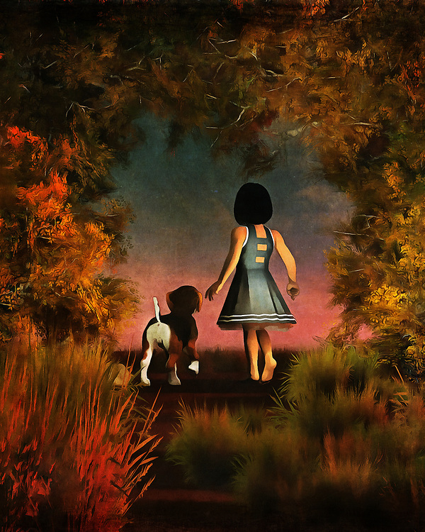 The path beckons Amy and her beagle Buddy forward. Where are they going to go? What is beyond the moving, gentle scene depicted here? We can’t say for certain. We can only watch them looking towards whatever the late summer horizon offers. Behind them we can see stunning splashes of nature. This is piece that shows the soft beauty of friendship. These two simply know to follow the other. They are truly two of a kind, and they are the very best of friends. This piece is available as wall art, t-shirts, or through interior products. .<br />
<br />
BUY THIS PRINT AT<br />
<br />
FINE ART AMERICA<br />
ENGLISH<br />
https://janke.pixels.com/featured/romantic-walk-in-the-woods-jan-keteleer.html<br />
<br />
WADM / OH MY PRINTS<br />
DUTCH / FRENCH / GERMAN<br />
https://www.werkaandemuur.nl/nl/shopwerk/Kinderen-Kunst-Romantische-wandeling-in-het-bos/438815/134