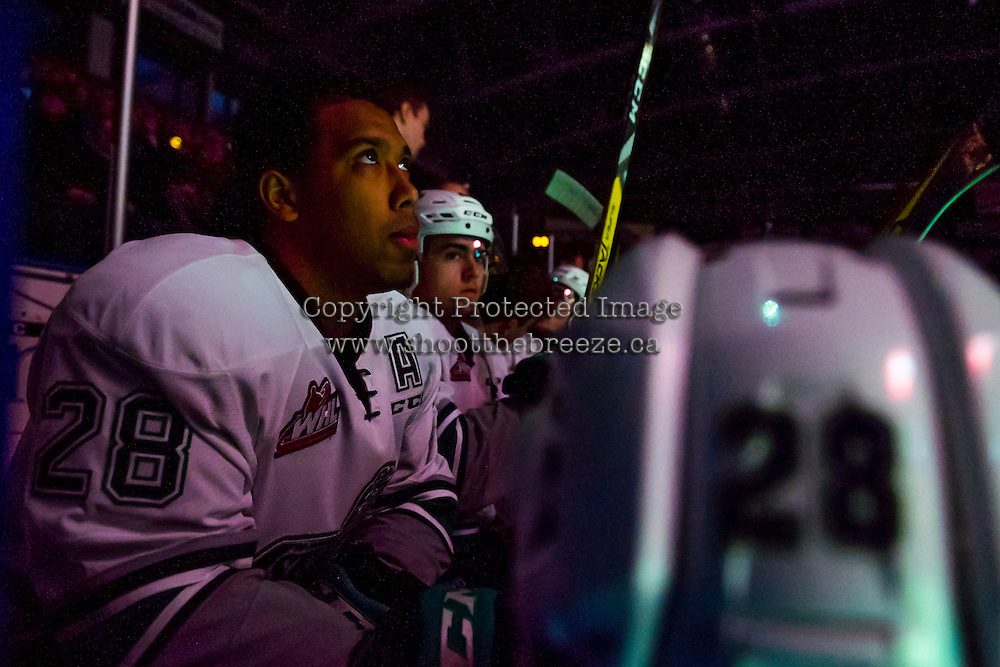 KELOWNA, CANADA - DECEMBER 7: Keegan Kolesar #28 of the Seattle Thunderbirds sits on the bench at the start of the game against the Kelowna Rockets on December 7, 2016 at Prospera Place in Kelowna, British Columbia, Canada. (Photo by Marissa Baecker/Shoot the Breeze) *** Local Caption ***