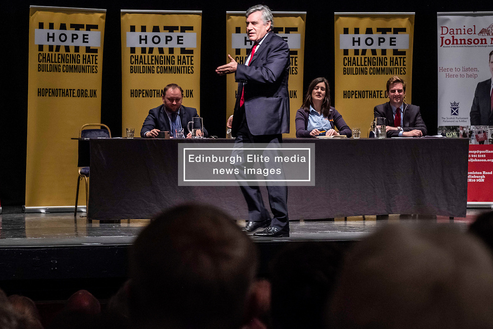 Pictured: Gordon Brown<br />
<br />
Former Prime Minister Gordon Brown joined Scottish Labour MP Ian Murray; Scottish Labour MSP Daniel Johnson; Elaine Motion of legal firm Balfour+Manson who represents 78 MPs and peers in the prorogue petition; and Louise Gilmour, GMB Scotland senior organiser in manufacturing. at the Churh Hill Theatre in Edinburgh today for a ‘No to No-Deal Rally’ with campaign group ‘HOPE not hate’ and GMB Scotland.<br />
<br />
Ger Harley | EEm 12 September 2019