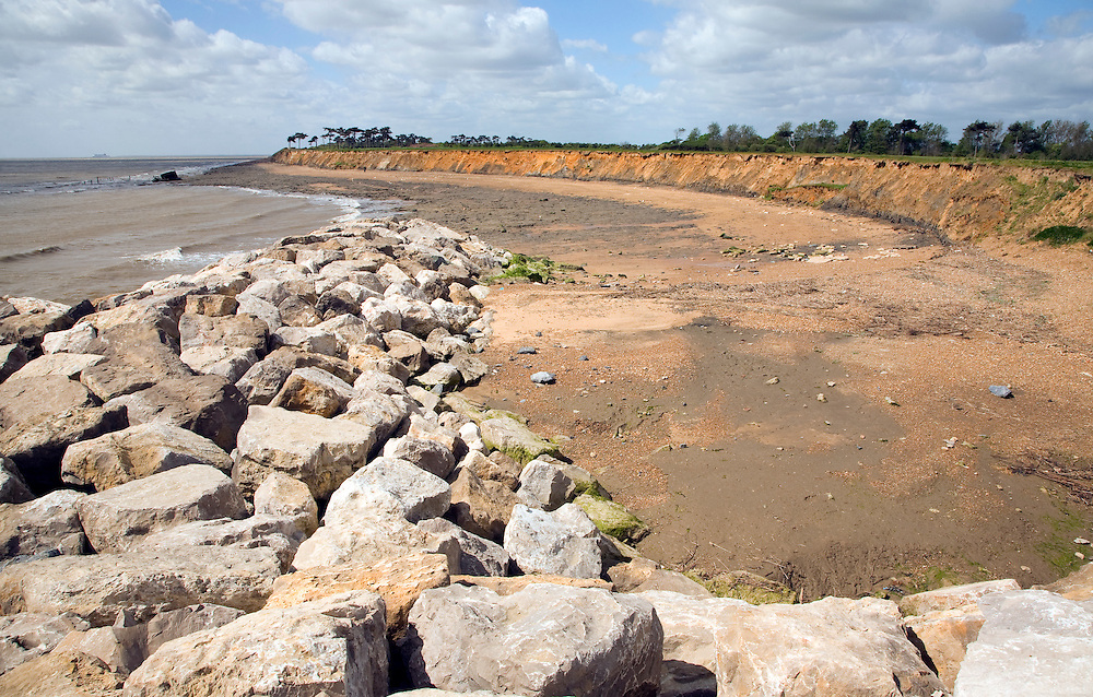 Rock armour barriers to control coastal erosion, Bawdsey, Suffolk