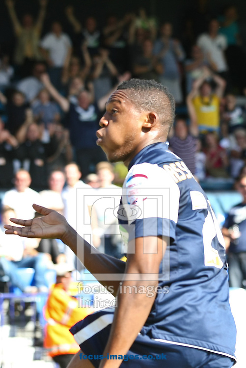 Picture by David Horn/Focus Images Ltd +44 7545 970036.08/09/2012.Britt Assombalonga of Southend United celebrates scoring the opening goal during the npower League 2 match at Roots Hall, Southend.
