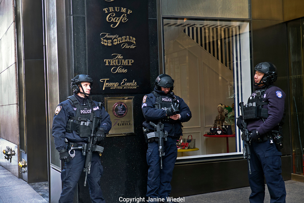 Exterior of Trump Tower in Manhattan New York City with armed police