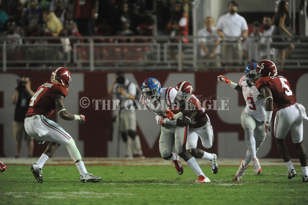 Ole Miss Rebels wide receiver Laquon Treadwell (1) vs. Alabama Crimson Tide defensive back Geno Matias-Smith (24) at Bryant-Denny Stadium in Tuscaloosa, Ala. on Saturday, September 19, 2015. Ole Miss won 43-37.