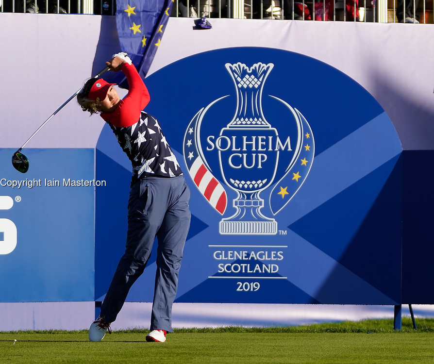 Solheim Cup 2019 at Centenary Course at Gleneagles in Scotland, UK. Annie Park of USA tees off on 1st hole on Friday morning Foursomes.