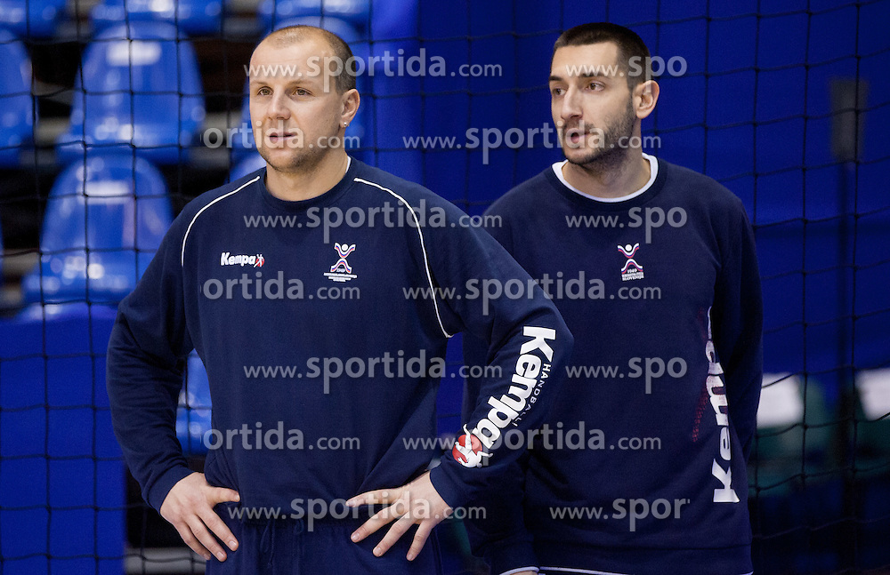 Gorazd Skof of Slovenia and Dragan Gajic of Slovenia during practice session of Slovenia National Handball team during Main Round of 10th EHF European Handball Championship Serbia 2012, on January 21, 2012 in Spens Sports Center, Novi Sad, Serbia. (Photo By Vid Ponikvar / Sportida.com)