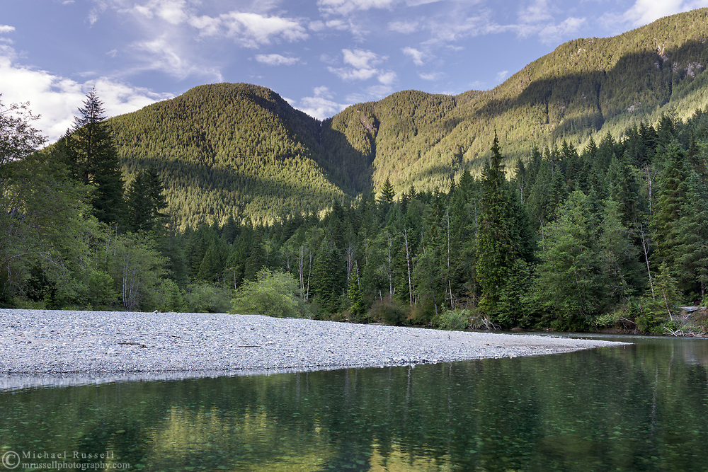 View of Gold Creek from the Lower Falls trail at Golden Ears Provincial Park, in Maple Ridge, British Columbia, Canada. Mount Nutt is in the background.