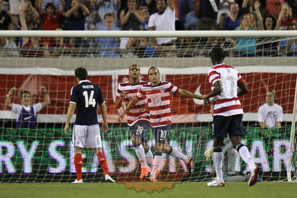 United States Forward Landon Donovan (10) during an international friendly soccer match between Scotland and the United States at EverBank Field on Saturday, May 26, 2012 in Jacksonville, Florida. The United States won the match 5-1 in front of 44,000 fans. (AP Photo/Alex Menendez)
