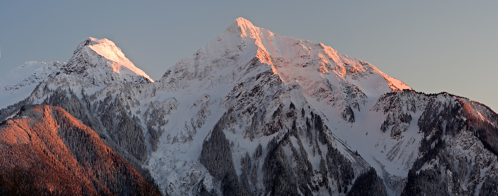 Lady and Cheam Peaks of Mount Cheam in the Fraser Valley of British Columbia. Photographed from Seabird Island just outside of Agassiz, British Columbia.