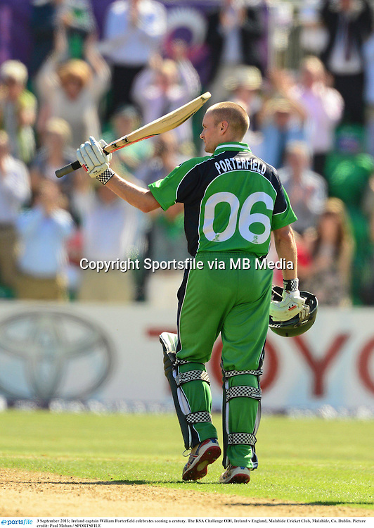 3 September 2013; Ireland captain William Porterfield celebrates scoring a century. The RSA Challenge ODI, Ireland v England, Malahide Cricket Club, Malahide, Co. Dublin. Picture credit: Paul Mohan / SPORTSFILE