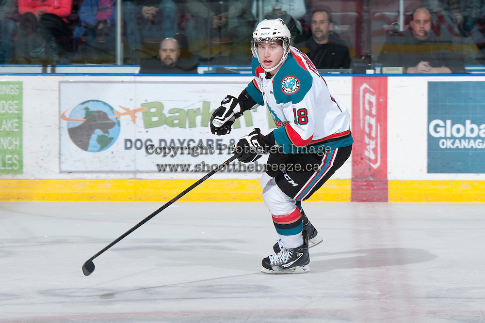 KELOWNA, CANADA - JANUARY 24: Cody Fowlie #18 of the Kelowna Rockets skates on the ice against the Seattle Thunderbirds at the Kelowna Rockets on January 24, 2013 at Prospera Place in Kelowna, British Columbia, Canada (Photo by Marissa Baecker/Shoot the Breeze) *** Local Caption ***