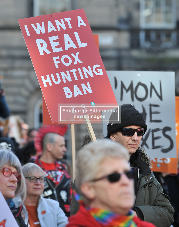 Demonstrators marched through Edinburgh today (Saturday) to the Scottish Parliament urging the government to strengthen the current legislation on fox hunting.<br />
<br />
© Dave Johnston / EEm