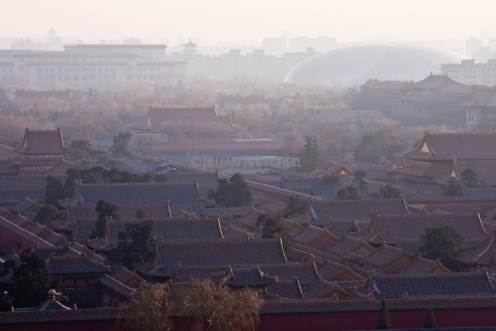 Looking across to the Forbidden City from the top of Jingshan Park in the gentle winter light of late afternoon in Beijing.