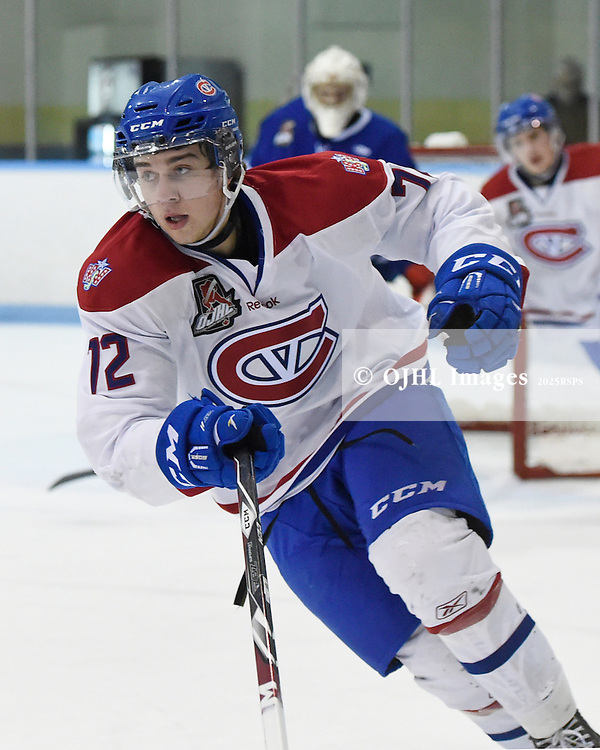 MARKHAM, ON - Nov 20, 2015 : Ontario Junior Hockey League game action between Kingston and Markham, Connor Cobbold #72 of the Kingston Voyageurs pursues the play during the second period.<br />
(Photo by Andy Corneau / OJHL Images)