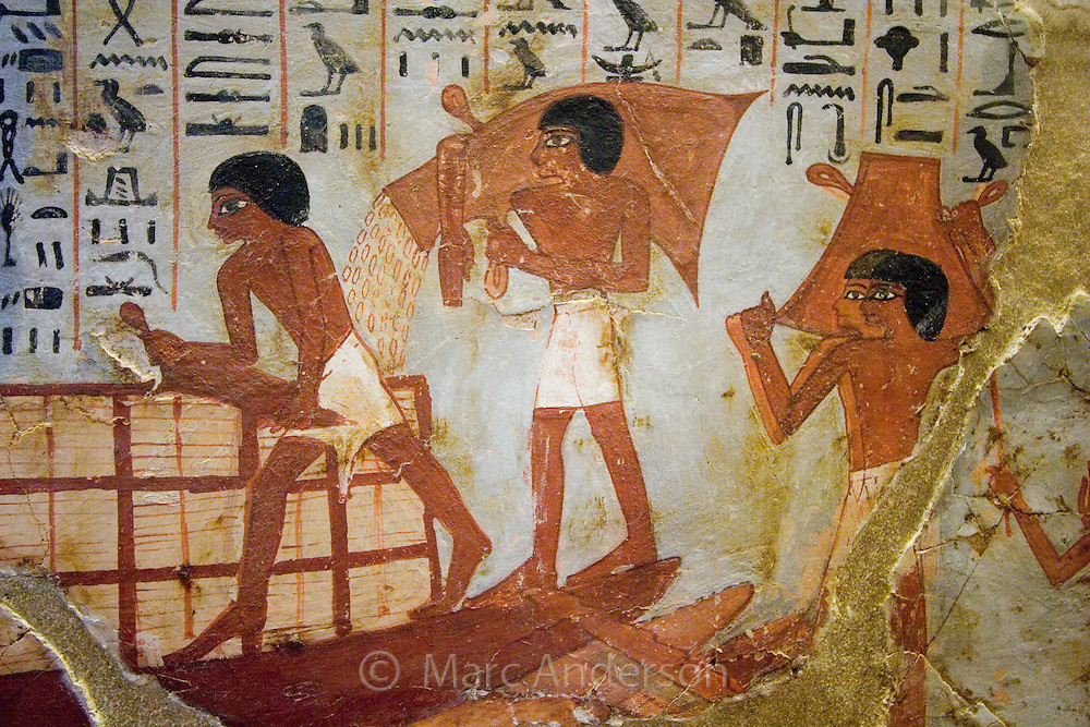 Detail of an ancient Egyptian painting in the Louvre museum, Paris, France