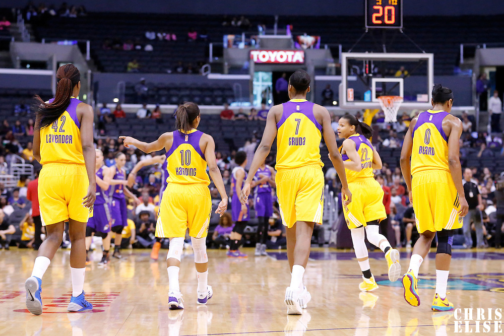 18 May 2014: Los Angeles Sparks center Jantel Lavender (42), Los Angeles Sparks guard Lindsey Harding (10), Los Angeles Sparks forward/center Sandrine Gruda (7), Los Angeles Sparks guard/forward Armintie Herrington (22), Los Angeles Sparks guard/forward Alana Beard (0) are seen during the Phoenix Mercury 74-69 victory over the Los Angeles Sparks, at the Staples Center, Los Angeles, California, USA.