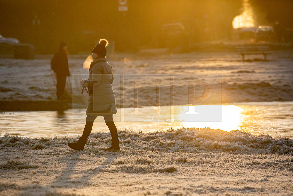 © Licensed to London News Pictures. 19/01/2020. London, UK. A walker enjoys a frosty start to the day in Wimbledon Common as forecasters predict below zero mornings for the week ahead. Photo credit: Alex Lentati/LNP