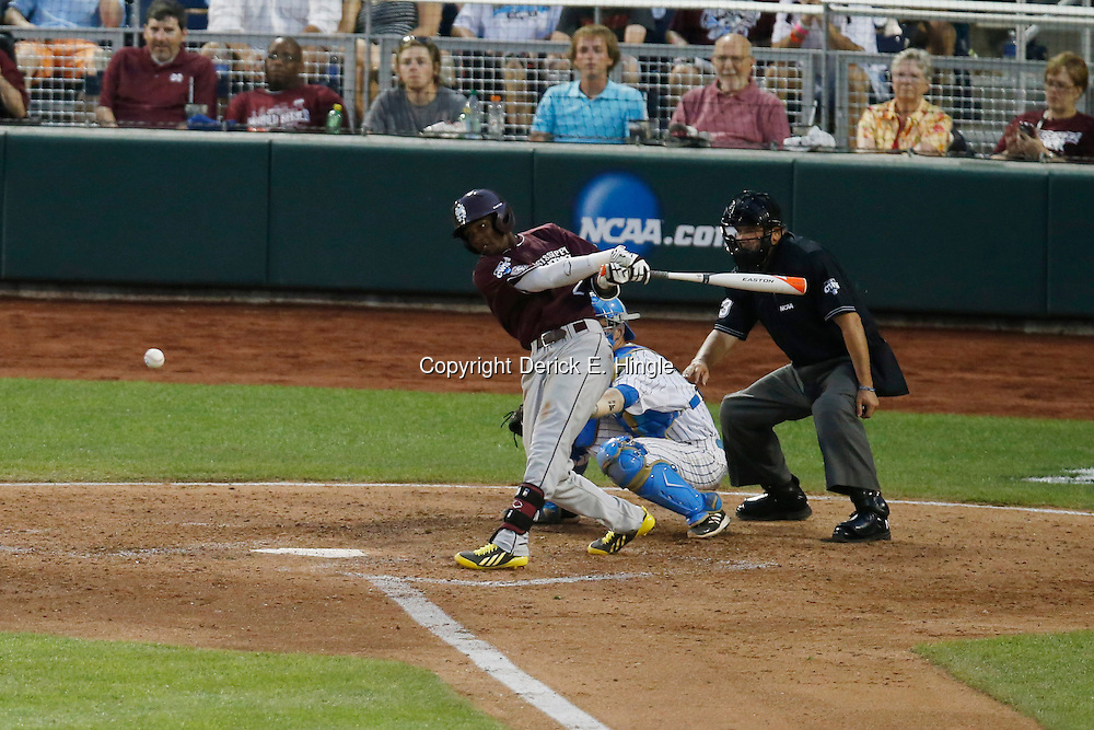 Jun 25, 2013; Omaha, NE, USA; Mississippi State Bulldogs left fielder Demarcus Henderson (2) reaches on a fielder's choice during the fifth inning in game 2 of the College World Series finals against the UCLA Bruins at TD Ameritrade Park. Mandatory Credit: Derick E. Hingle-USA TODAY Sports