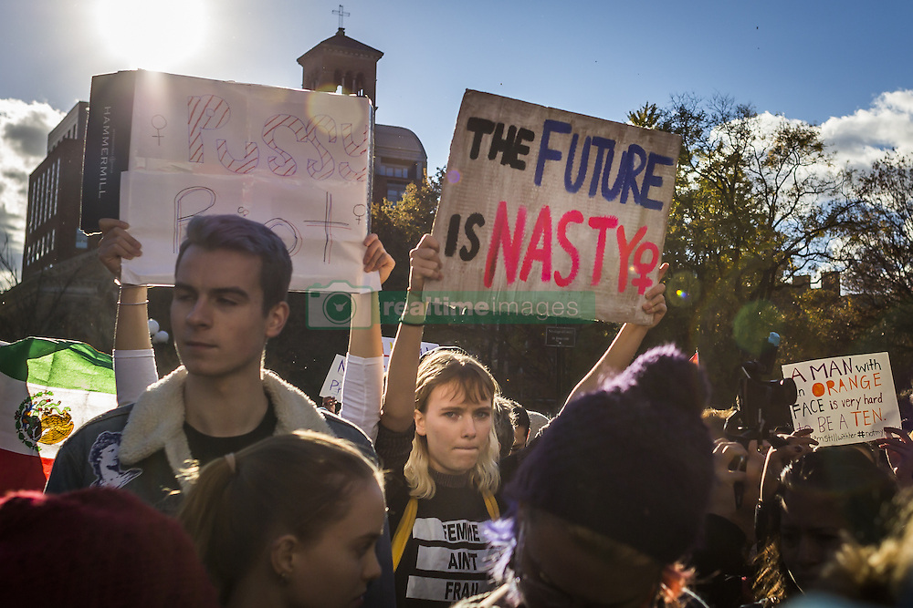 November 12, 2016 - New York, New York, United States - Planned and spontaneous anti-Trump protests continued in New York City for a third day. Hundreds of students, high school and college-aged, flooded into Washington Square Park early yesterday afternoon and then marched north to Union Square. Protests continued into the night in NYC and in dozens of cities across America. (Credit Image: © Michael Nigro/Pacific Press via ZUMA Wire)