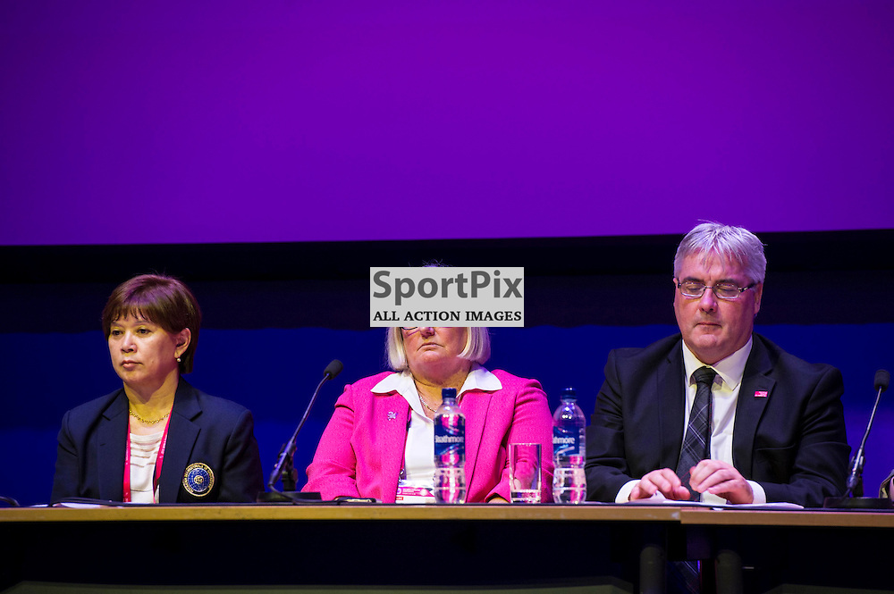 Pictured: Nellie Kim; Jane Allen and Councillor Frank McAveety<br />
Nellie Kim, FIG Technical Committee President for Women's Artistic Gymnastics, Jane Allen, Chief Executive British Gymnastics, Councillor Frank McAveety, Leader of Glasgow City Council <br />
2015 World Gymnastics Gymnastics championships are being held in Glasgow between 23 October and 1 November. Today the organisation held a press conference to outline the process and scoring issues that will be handled during the championships.<br />
<br />
© Ger Harley/ StockPix.eu 23 October 2015