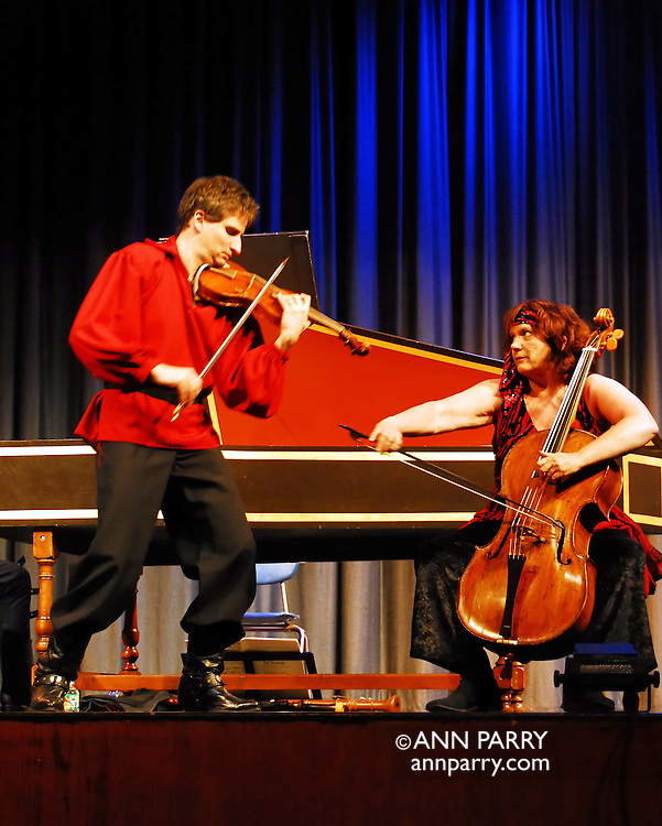 Merrick, New York, USA. February 17, 2008. Red Priest, baroque music group with recorder player PIERS ADAMS, cellist ANGELA EAST, harpsichord player HOWARD BEACH, and violinist DAVID GREENBERG performs in concert presented by Merrick Bellmore Community Concert Association MBCCA, at Calhoun High School.