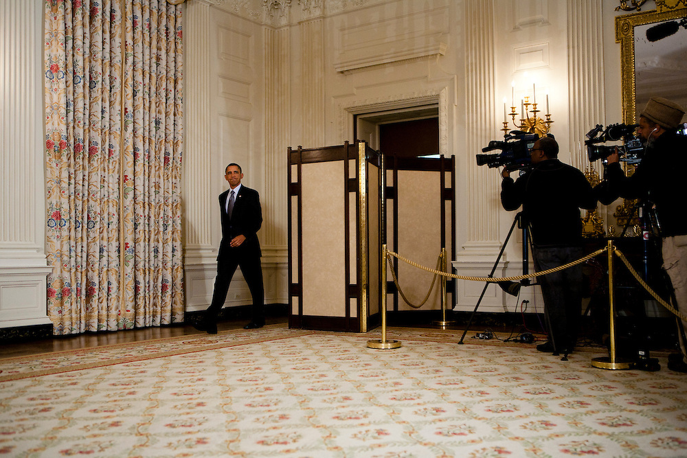 President Barack Obama prepares to make a statement on the situation in Egypt at the White House in Washington, D.C., U.S., on Friday, January 28, 2011.