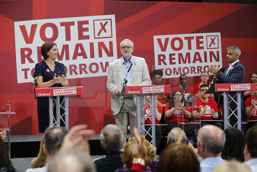 © Licensed to London News Pictures. 22/06/2016. London, UK. Labour Leader JEREMY CORBYN, Mayor of London SADIQ KHAN, First Minister of Wales CARWYN JONES and Scottish Labour leader KEZIA DUGDALE take part at a rally for a vote to remain in the European Union on Wednesday, 22 June 2016. Photo credit: Tolga Akmen/LNP