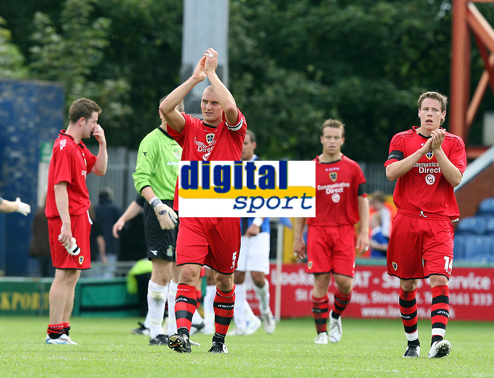 Photo: Paul Greenwood.<br />
Stockport County v Cardiff City. Coca Cola Championship. Pre Season Friendly. 28/07/2007.<br />
Cardiff's Darren Purse (C) leads the applause for the Cardiff fans who travelled up to see the game