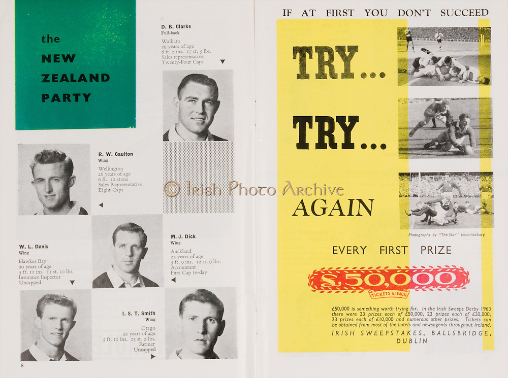 Irish Rugby Football Union, Ireland v New Zealand, Tour Match, Landsdowne Road, Dublin, Ireland, Saturday 7th December, 1963,.7.12.1963, 12.7.1963,..Referee- H Keenen, Rugby Football Union, ..Score- Ireland 5 - 6 New Zealand, ..Irish Team, ..T J Kiernan, Wearing number 15 Irish jersey, Full Back, Cork Constitution Rugby Football Club, Cork, Ireland,..J Fortune, Wearing number 14 Irish jersey, Right Wing, Clontarf Rugby Football Club, Dublin, Ireland,..P J Casey, Wearing number 13 Irish jersey, Right Centre, University College Dublin Rugby Football Club, Dublin, Ireland, ..J C Walsh, Wearing number 12 Irish jersey, Left Centre, University college Cork Football Club, Cork, Ireland,..A T A Duggan, Wearing number 11 Irish jersey, Left Wing, Landsdowne Rugby Football Club, Dublin, Ireland,..M A English, Wearing number 10 Irish jersey, Stand Off, Landsdowne Rugby Football Club, Dublin, Ireland, ..J C Kelly, Wearing number 9 Irish jersey, Captain of the Irish team, Scrum Half, University College Dublin Rugby Football Club, Dublin, Ireland,..P J Dwyer, Wearing number 1 Irish jersey, Forward, University College Dublin Rugby Football Club, Dublin, Ireland, ..A R Dawson, Wearing number 2 Irish jersey, Forward, Wanderers Rugby Football Club, Dublin, Ireland, ..R J McLoughlin, Wearing number 3 Irish jersey, Forward, Gosforth Rugby Football Club, Newcastle, England, ..W J McBride, Wearing number 4 Irish jersey, Forward, Ballymena Rugby Football Club, Antrim, Northern Ireland,..W A Mulcahy, Wearing number 5 Irish jersey, Forward, Bective Rangers Rugby Football Club, Dublin, Ireland, ..E P McGuire, Wearing number 6 Irish jersey, Forward, University college Galway Football Club, Galway, Ireland, ..P J A O' Sullivan, Wearing Number 8 Irish jersey, Forward, Galwegians Rugby Football Club, Galway, Ireland,..N A Murphy, Wearing number 7 Irish jersey, Forward, Cork Constitution Rugby Football Club, Cork, Ireland,..New Zealand Team, ..D B Clarke, Wearing number 1 New Zealand Jersey, F