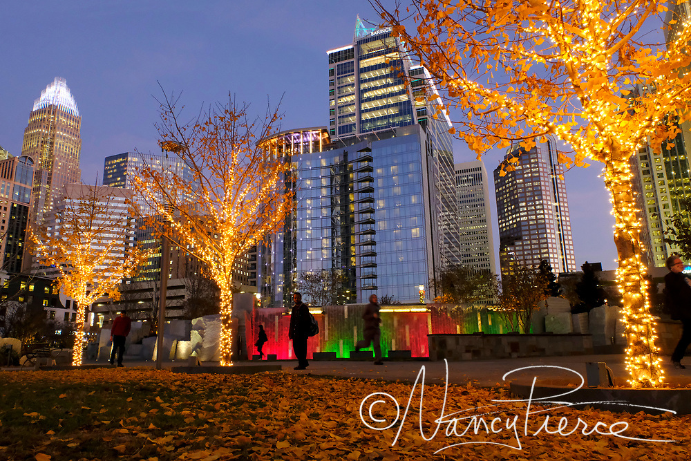 Holiday decorations at Romare Bearden Park featuring Charlotte's newest skyscraper, opened less than a month, 300 South Tryon.