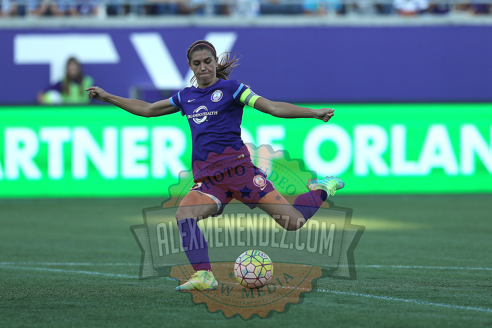 Orlando Pride forward Alex Morgan (13) kicks the ball during a NWSL soccer match at Camping World Stadium on May 8, 2016 in Orlando, Florida. (Alex Menendez via AP)