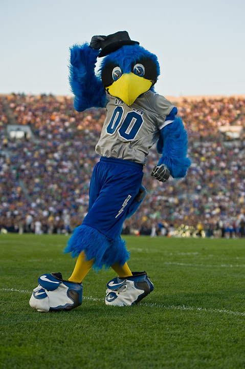 The Air Force Falcon mascot shows his dance moves.