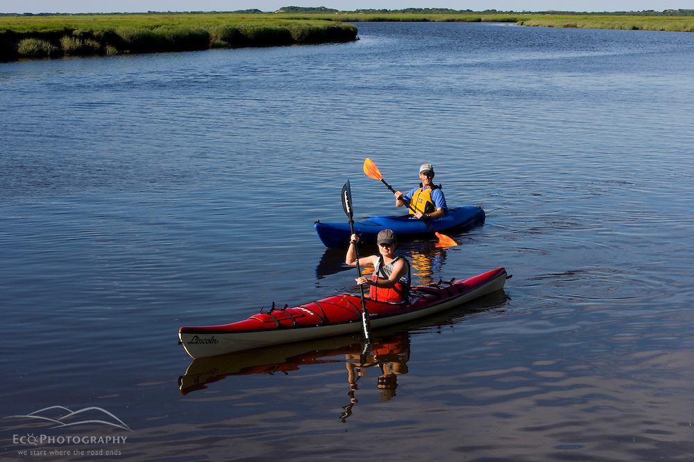 Kayaking in the tidal estuary in Plum Island Sounds. Sawyer's Island, Rowley, Massachusetts.