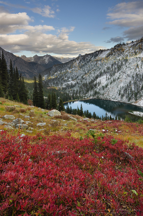 Lake Ann in autumn with fresh snowfall. North Cascades Washington
