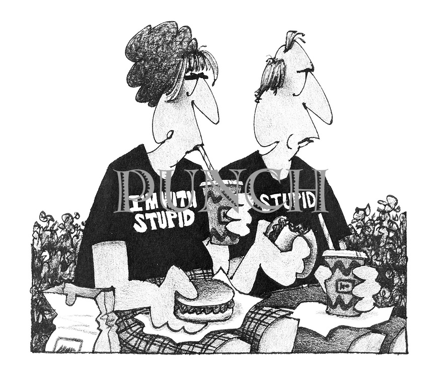 (A couple wearing slogan T shirts. the man reads 'Stupid', the woman's reads 'I'm with Stupid')