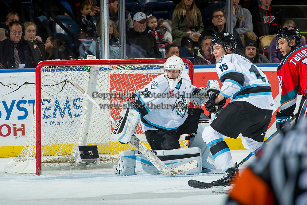 KELOWNA, CANADA - DECEMBER 2: Bailey Brkin #29 of the Kootenay Ice defends the net against the Kelowna Rockets on December 2, 2017 at Prospera Place in Kelowna, British Columbia, Canada. (Photo by Marissa Baecker/Shoot the Breeze) *** Local Caption ***