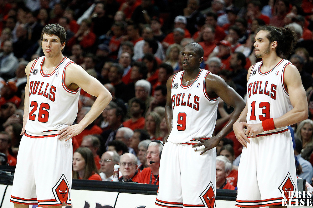 18 May 2011: Chicago Bulls shooting guard Kyle Korver (26), Chicago Bulls small forward Luol Deng (9) and Chicago Bulls center Joakim Noah (13) are seen during the Miami Heat 85-75 victory over the Chicago Bulls, during game 2 of the Eastern Conference finals at the United Center, Chicago, Illinois, USA.