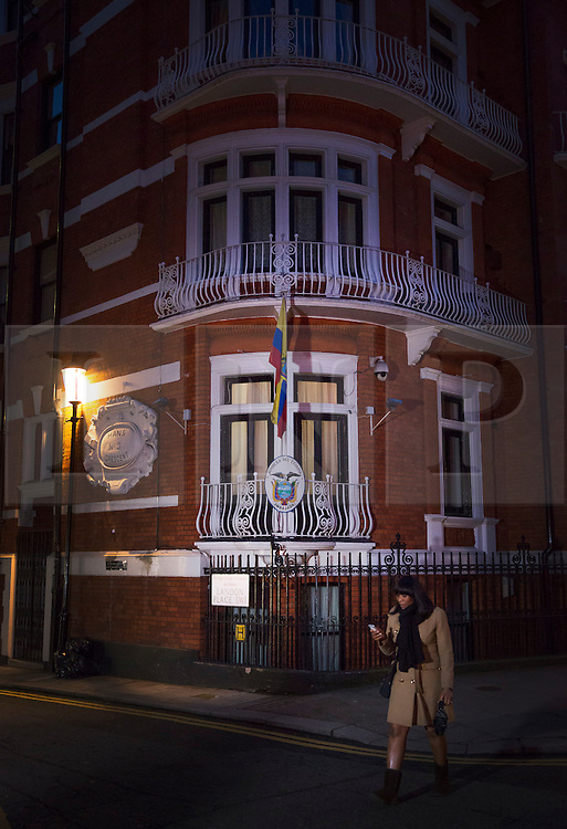 © Licensed to London News Pictures. 04/02/2016. London, UK. Lights burn at night at the Ecuadorian Embassy where the Wikileaks founder is living. A United Nations panel is due to decide if Julian Assange has been kept in 'unlawful detention' during his stay at the embassy for the past three-and-a-half-years. Photo credit: Peter Macdiarmid/LNP