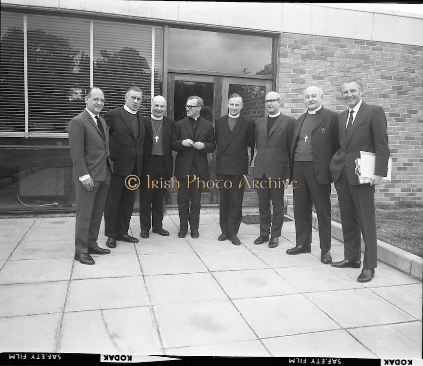 Church of Ireland Course for Bishops at Communication Centre.<br />
1970.<br />
28.05.1970.<br />
05.28.1970.<br />
28th May 1970.<br />
A two day coures in communications was held for Church of Ireland Bishops at The Communication Centre.Booterstown Ave, Blackrock, Dublin. The course was designed so that the Bishops would be able to give their message in a clear and concise way using radio and television.<br />
<br />
Pictured at the communications course were: (L-R), Mr Barry Baker, Head of Training,Communications Centre; Rev R Pike, Bishop of Meath; Rev J Armstrong, Bishop of Cashel; Rev P Lemass, Director, Communications Centre: Rev G Simms, Archbishop of Armagh,Primate of Ireland: Rev O Barr, RTE: Rev E Moore,Bishop of Kilmore and Mr Brian Cleeve, RTE.