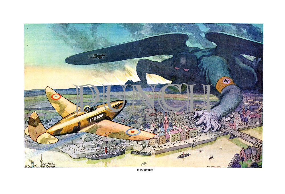 The Combat. (a WW2 cartoon shows a lone Spitfire-type fighter plane with British and French markings taking on the German Luftwaffe as an invading monster over a European city)
