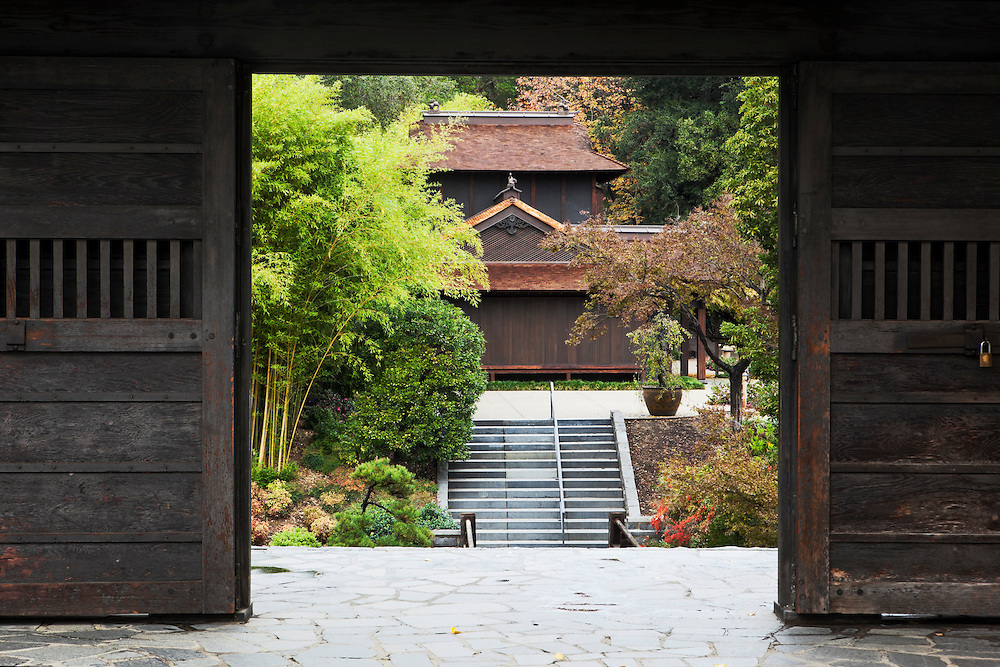 Traditional Japanese House Framed in Doorway at The Huntington Botanical Gardens, San Marino, California