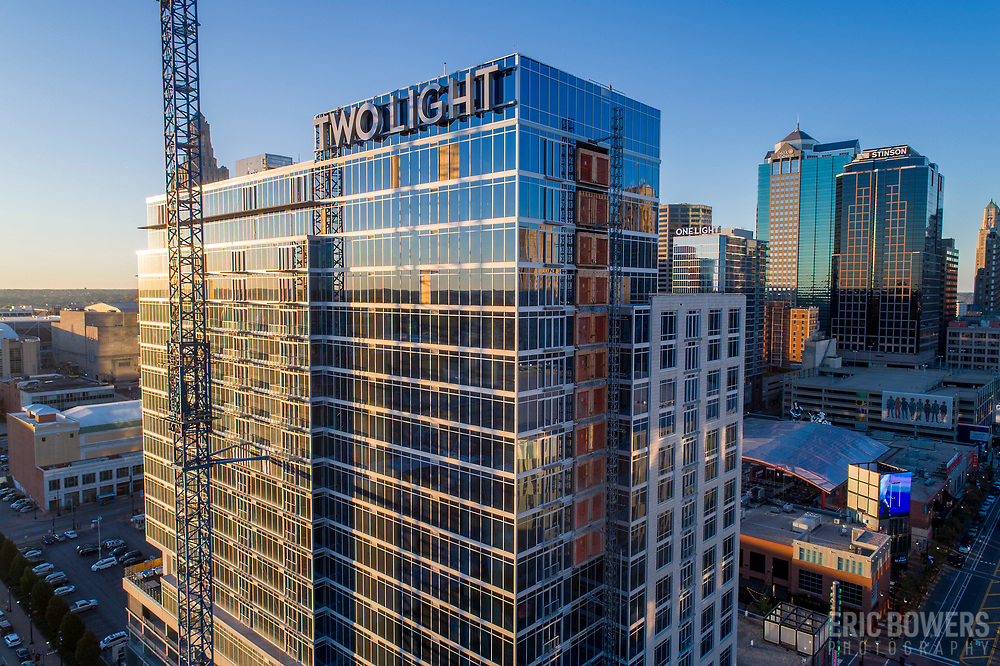 Downtown Kansas City, Missouri's Two Light Tower residential construction nearing exterior completion in October 2017.