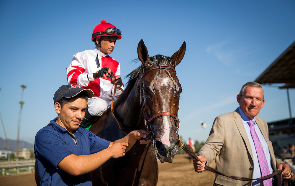 September 26 2015: Songbird with Mike Smith up wins the Chandelier Stakes at Santa Anita Park, Arcadia CA. Alex Evers/ESW/CSM