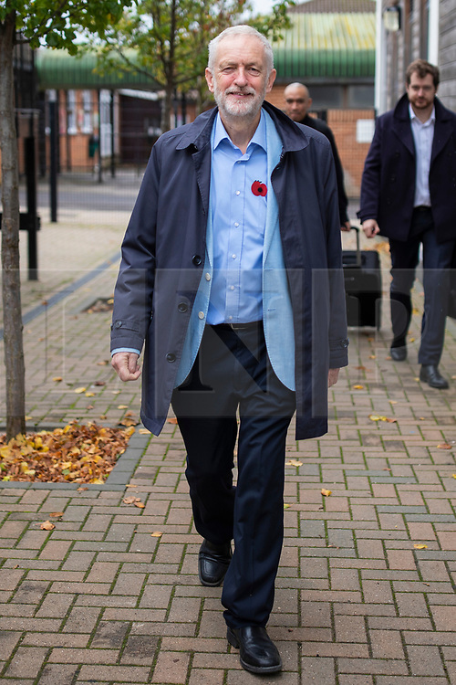 © Licensed to London News Pictures. 02/11/2019. Swindon, UK. Labour Party Leader Jeremy Corbyn leaves Commonweal Sixth Form College in Swindon after a campaign rally ahead of the general election on 12 December. Photo credit: Rob Pinney/LNP