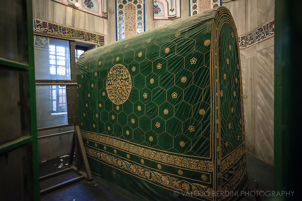 The cenotaph of prophet Abraham, a holy place for Muslim, Jews and Catholics, seen from the Ibrahim mosque in Hebron. The windows on the other side of the tomb is where Jewish can access and worship the same site. The glass that stands in the way is bullet proof.