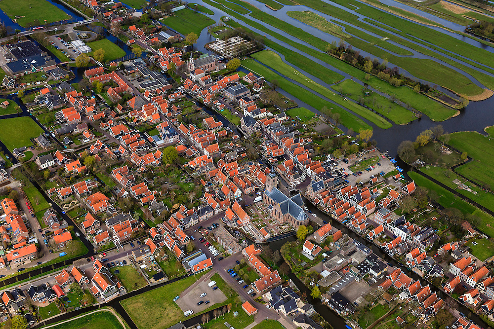 Nederland, Noord-Holland, Graft-De Rijp, 16-04-2012; De Rijp, Rechtestraat overgaand in Westeinde, verkaveling van de Eilandspolder.View on the old town of De Rijp with church in the polder Beemster. Land division of the Eilandspolder (meadows, top right)..luchtfoto (toeslag), aerial photo (additional fee required).foto/photo Siebe Swart