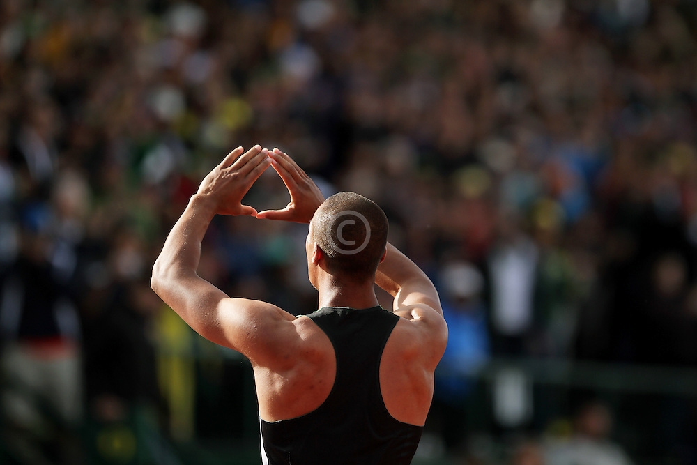 Olympic Trials Eugene 2012: Decathlon, 1500 meters, Ashton Eaton, reacts to setting world record, Olympian