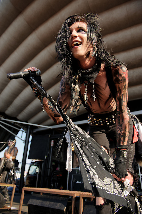 The Black Veil Brides performing on Warped Tour at Verizon Wireless Amphitheater in St. Louis, Missouri on August 3, 2011. © Todd Owyoung.