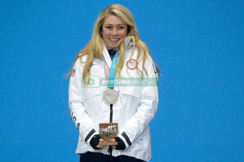 February 22, 2018 - Pyeongchang, South Korea - MIKAELA SHIFFRIN of the United States celebrates getting the silver medal in the Ladies' Combined Alpine Slalom skiing event in the PyeongChang Olympic Games. (Credit Image: © Christopher Levy via ZUMA Wire)